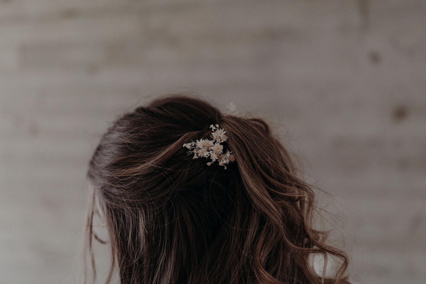 Pinettes Mayala blanc en fleurs séchées dans cheveux semi-attachés bruns